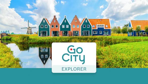 Amsterdam traditional houses and windmill with Go City Explorer Pass logo.