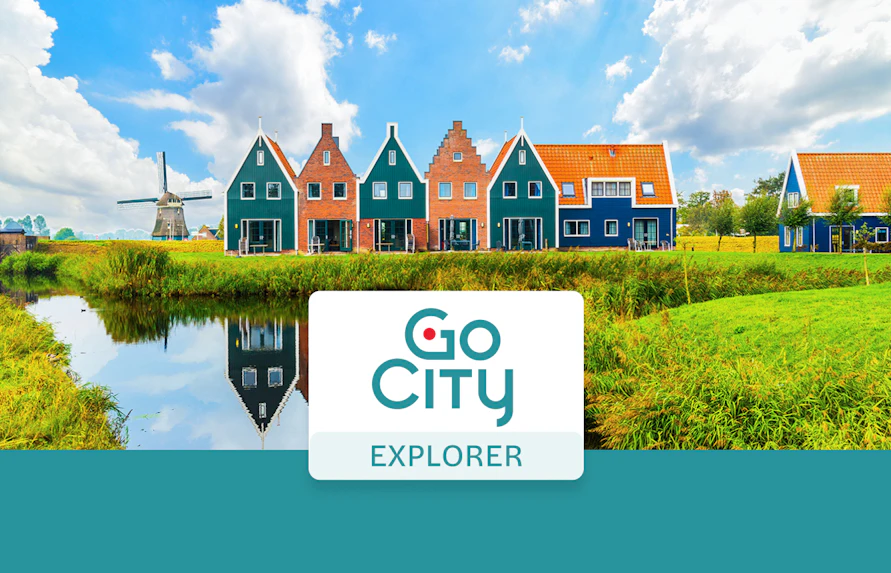 Amsterdam traditional houses and windmill with Go City Explorer Pass logo.