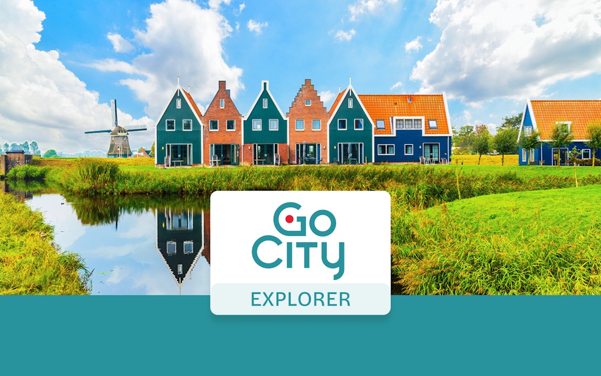 Amsterdam traditional houses and windmill with Go City Explorer Pass logo.
