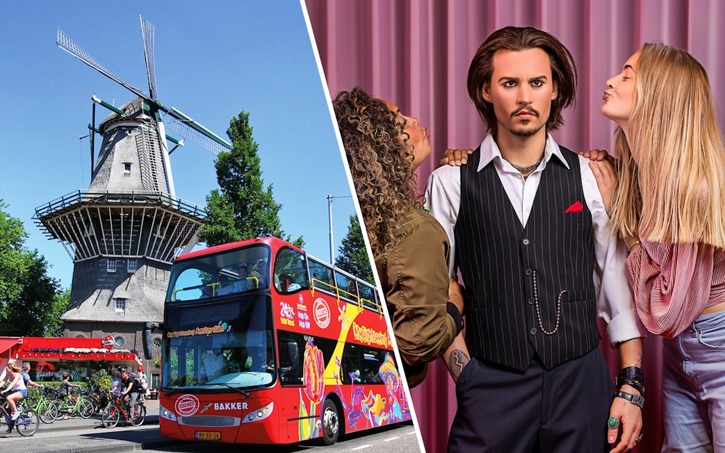 Amsterdam windmill with hop-on hop-off bus and Madame Tussauds wax figure.