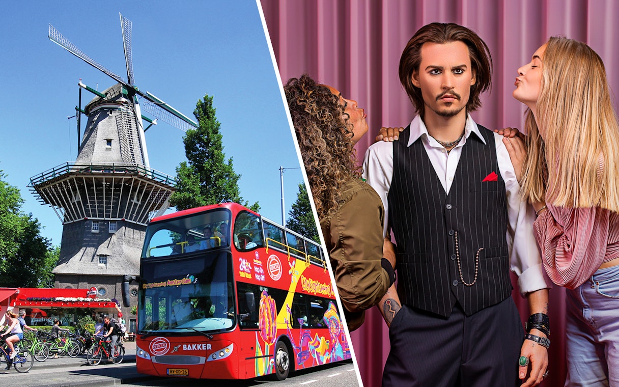 Amsterdam windmill with hop-on hop-off bus and Madame Tussauds wax figure.