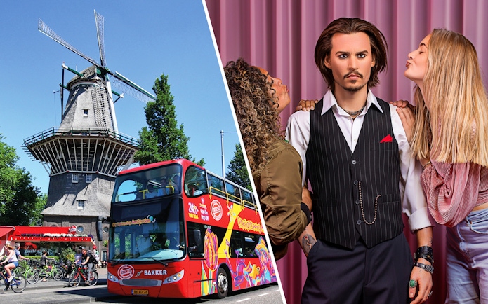 Amsterdam windmill with hop-on hop-off bus and Madame Tussauds wax figure.
