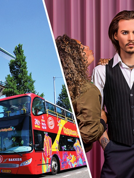 Amsterdam windmill with hop-on hop-off bus and Madame Tussauds wax figure.