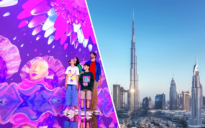 Tourists at House of Hype Dubai with Burj Khalifa skyline.
