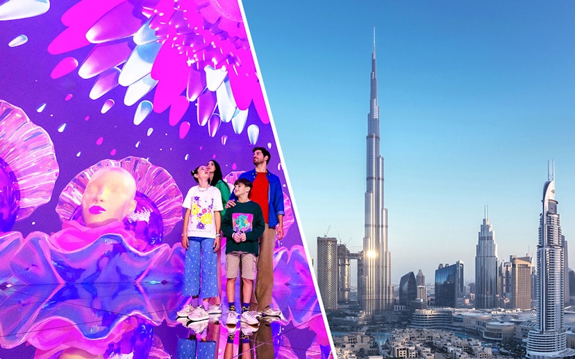 Tourists at House of Hype Dubai with Burj Khalifa skyline.