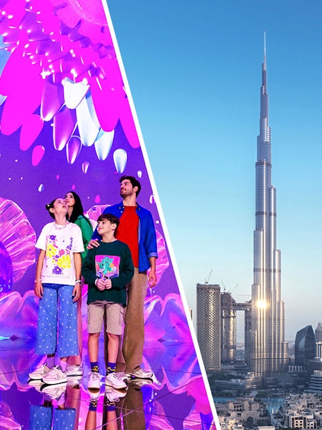 Tourists at House of Hype Dubai with Burj Khalifa skyline.