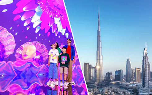 Tourists at House of Hype Dubai with Burj Khalifa skyline.