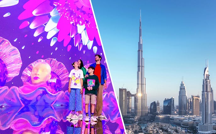 Tourists at House of Hype Dubai with Burj Khalifa skyline.