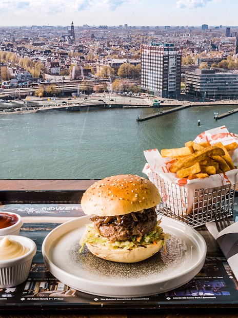 ADAM Lookout view with burger and fries at Panorama Restaurant, Amsterdam.