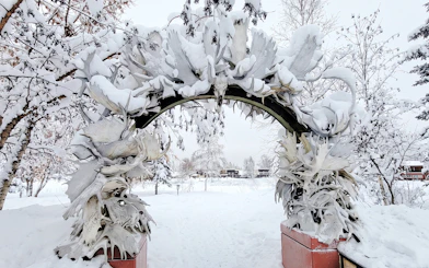 Antler arch covered in snow at Fairbanks Heritage Tour, Alaska.