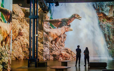 Dinosaurs projected on a wall at Prehistoric Planet exhibition, Atelier des Lumières.
