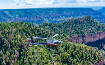 Helicopter flying over Grand Canyon South Rim with forested cliffs below.