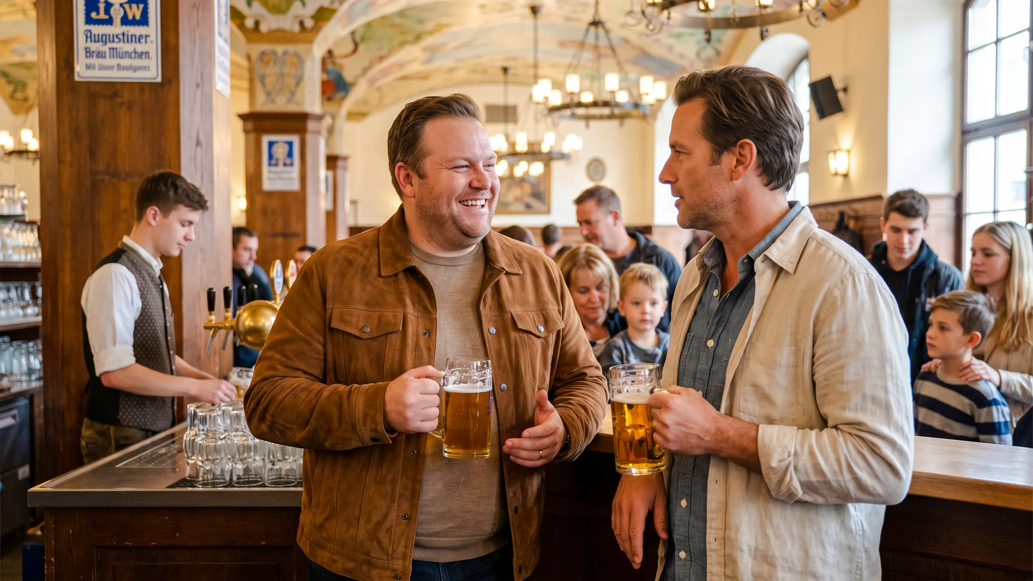 Men enjoying beer at a traditional Munich beer hall during the Oktoberfest Origins Walking Tour.
