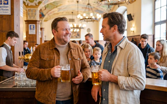 Men enjoying beer at a traditional Munich beer hall during the Oktoberfest Origins Walking Tour.