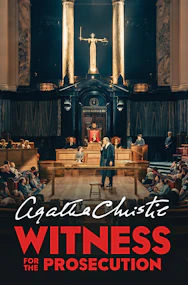 Courtroom scene from "Witness for the Prosecution" play with actors and audience.