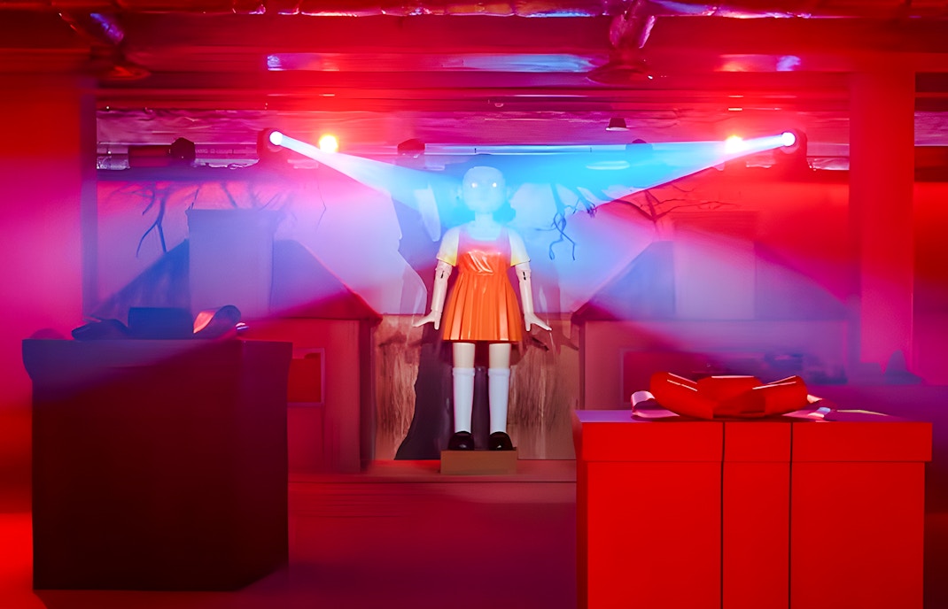 Squid Games experience setup with iconic doll in London venue.