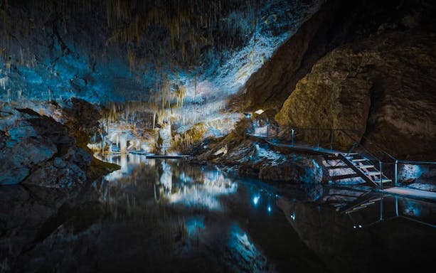 Stalactites and walkway inside Margaret River Cave, Western Australia.