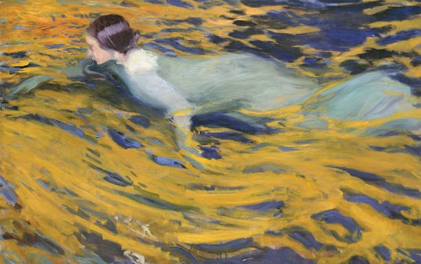 Painting of a woman swimming in vibrant yellow and blue water at Fundación MAPFRE Madrid.