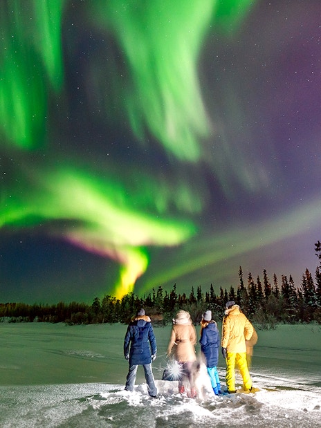 Tourists watching Northern Lights on a snowy landscape during a small group tour.