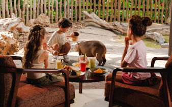 Children interacting with a capybara at Bali Zoo, with brunch on the table.