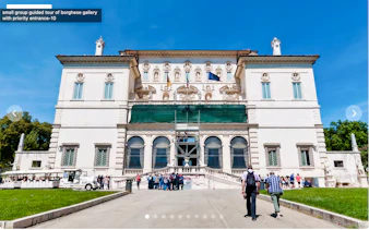 Small group entering Borghese Gallery in Rome for guided tour.