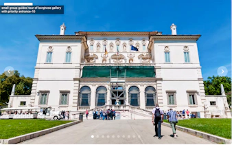 Small group entering Borghese Gallery in Rome for guided tour.