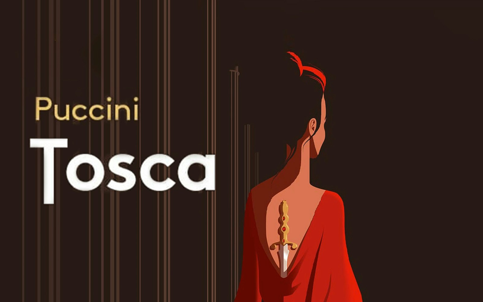 Illustration of a woman in red with a dagger, text 'Puccini Tosca'
