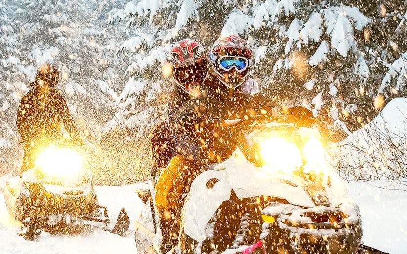 Snowmobile riders navigating snowy forest trail.