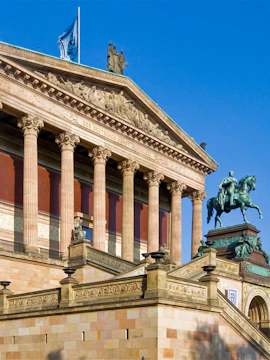 Altes Museum facade with equestrian statue, Berlin, Germany.
