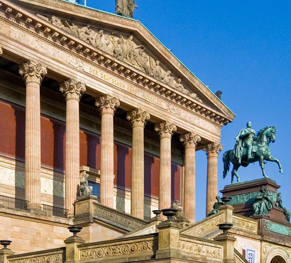 Altes Museum facade with equestrian statue, Berlin, Germany.