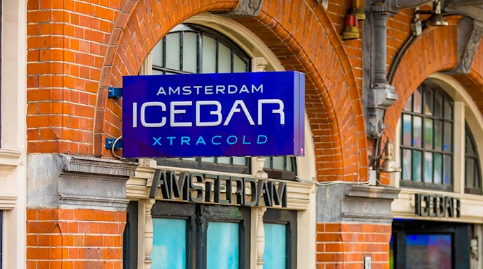 Xtracold Icebar entrance with blue sign in Amsterdam.