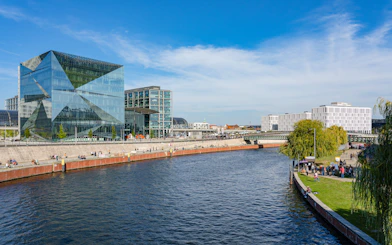 Potsdamer Platz view from Berlin sightseeing cruise along the Spree River.