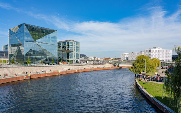 Potsdamer Platz view from Berlin sightseeing cruise along the Spree River.