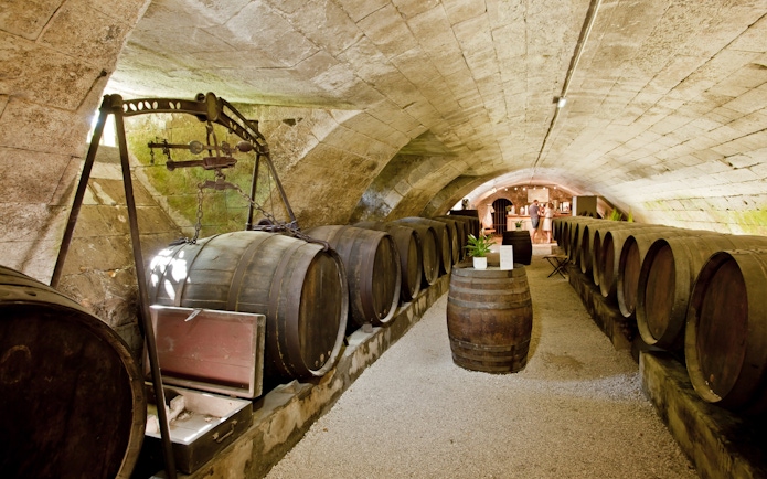 Wine cellar with barrels at Chenonceau Castle, France.