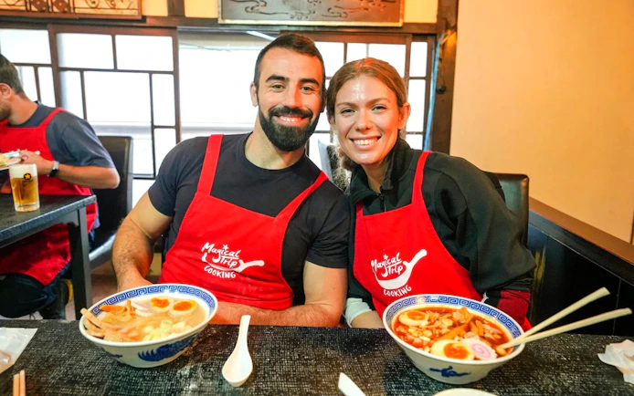 Participants enjoying ramen at Kyoto Ramen & Gyoza Cooking Class.