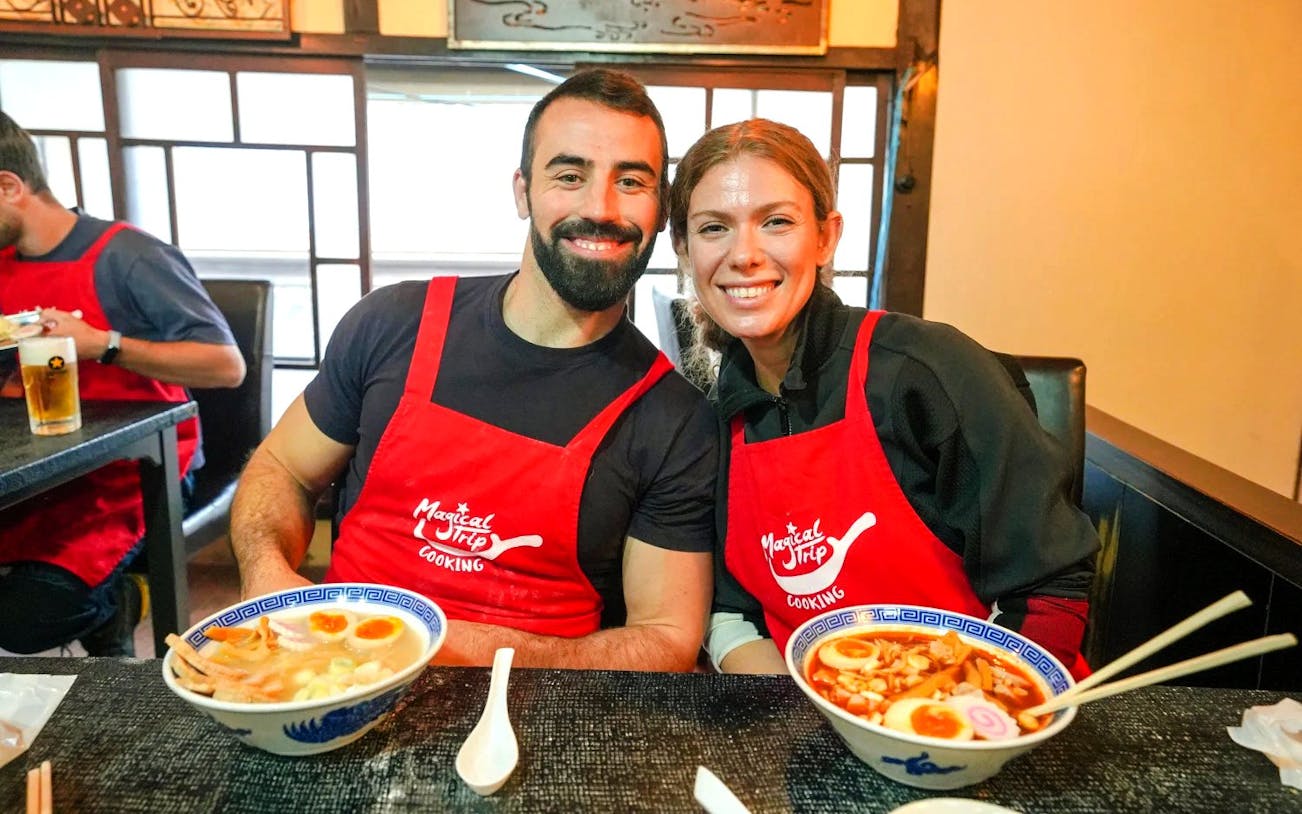Participants enjoying ramen at Kyoto Ramen & Gyoza Cooking Class.