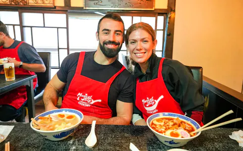 Participants enjoying ramen at Kyoto Ramen & Gyoza Cooking Class.