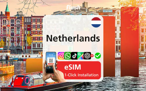 Netherlands eSIM plan with 2GB daily data, Amsterdam canal view, smartphone installation.