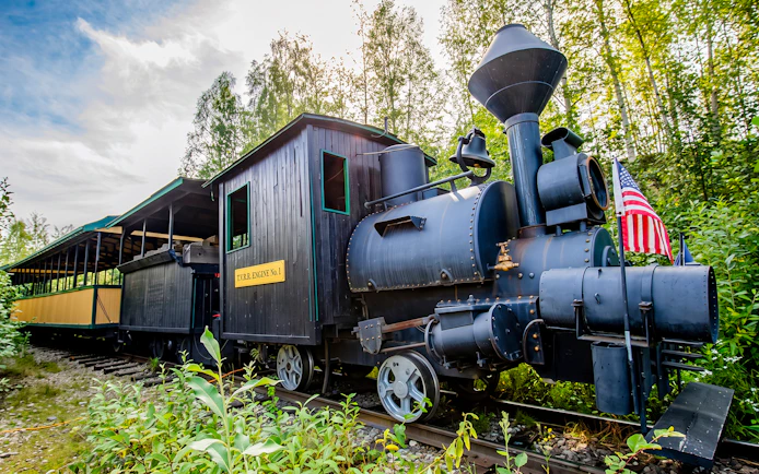 Historic train on tracks surrounded by lush greenery in Fairbanks, Alaska.