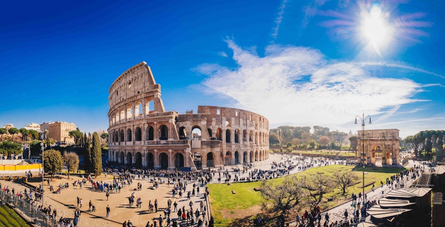 Colosseum Museum interior with ancient Roman artifacts and architectural details in Rome, Italy.