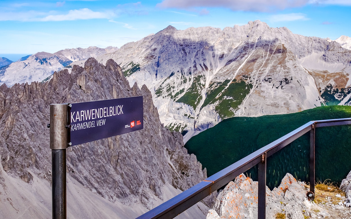 Karwendelblick viewpoint overlooking rugged mountains in Innsbruck, Austria.