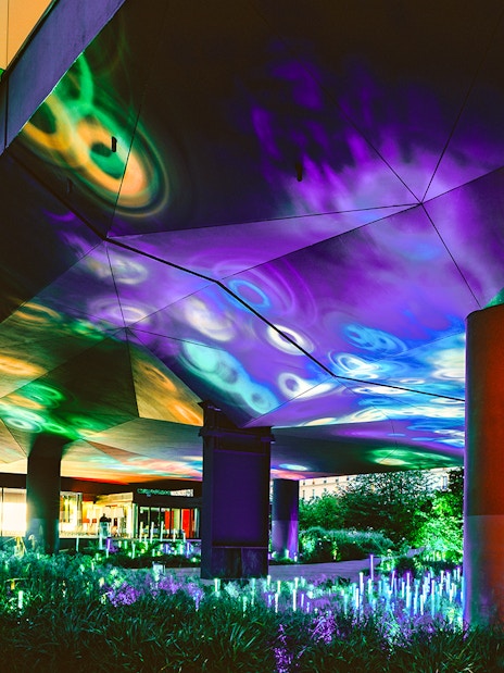 Colorful light display at night under the Musee du Quai Branly in Paris.