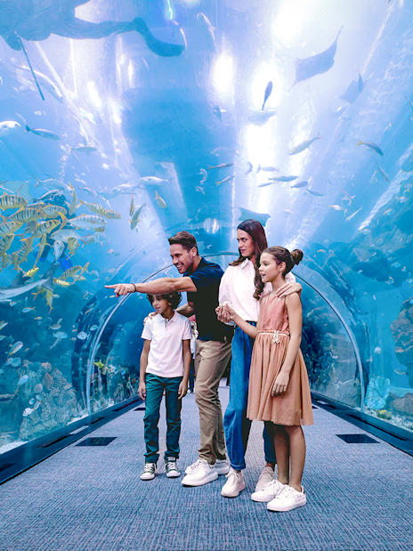 Family exploring underwater tunnel at Dubai Aquarium.