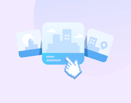 Digital illustration of a hand cursor clicking on a cityscape image icon.