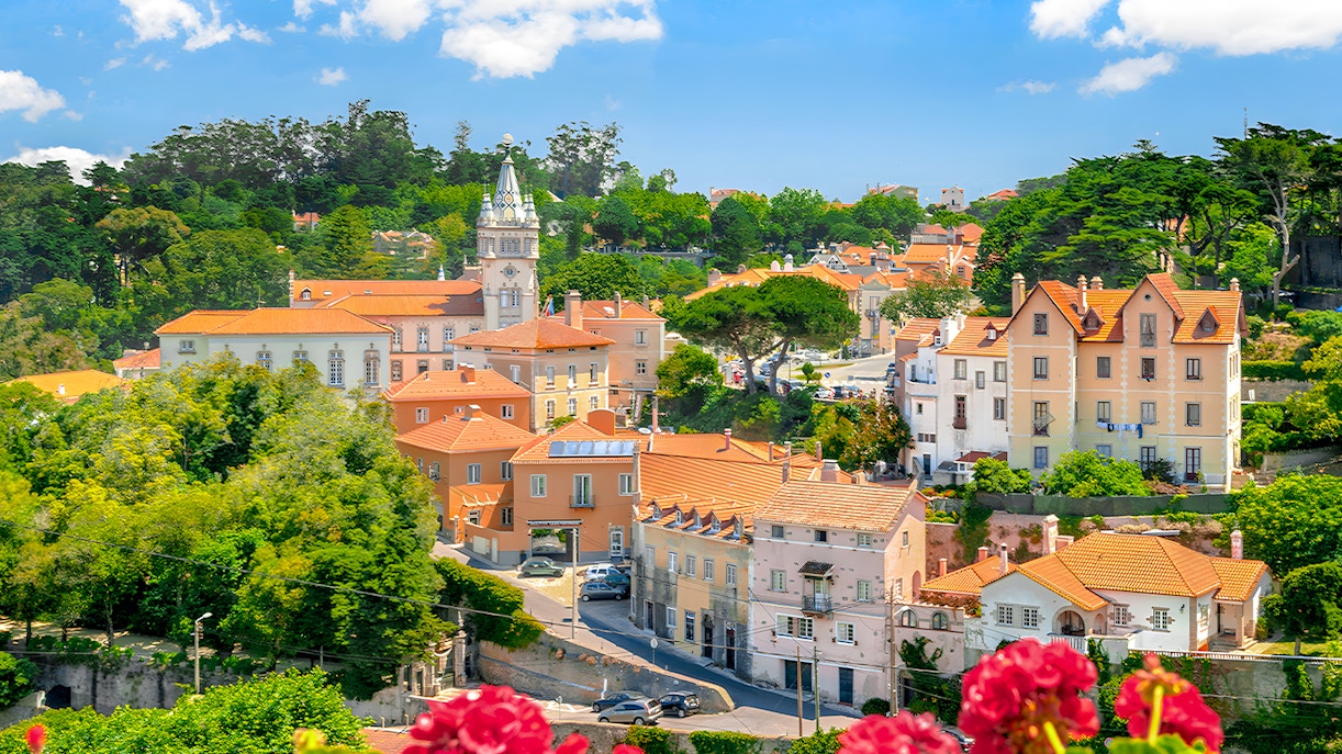 Sintra Town Portugal historic center with colorful buildings and lush greenery.