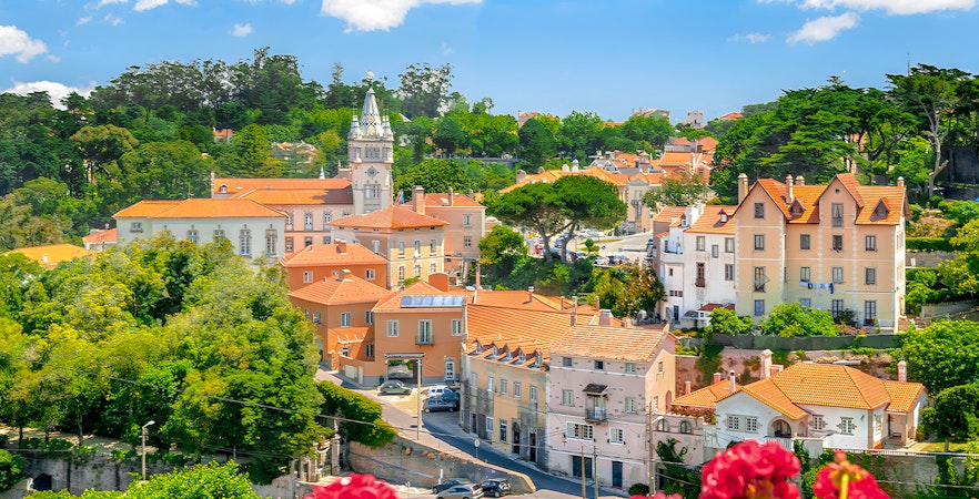 Sintra Town Portugal historic center with colorful buildings and lush greenery.