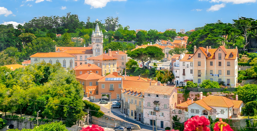 Sintra Town Portugal historic center with colorful buildings and lush greenery.