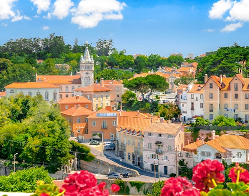 Sintra Town Portugal historic center with colorful buildings and lush greenery.