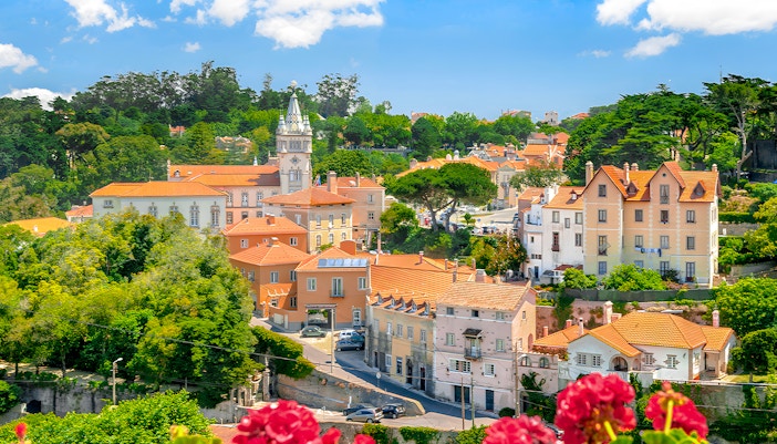 Sintra Town Portugal historic center with colorful buildings and lush greenery.