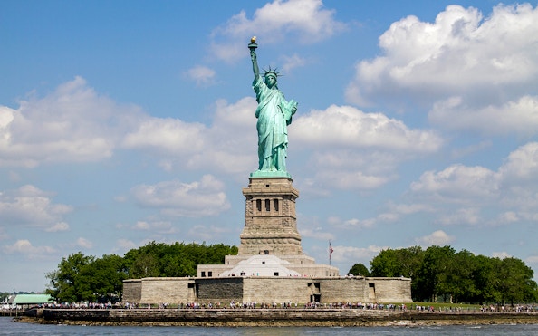 Statue of Liberty view during Liberty Super Express tour, New York City.